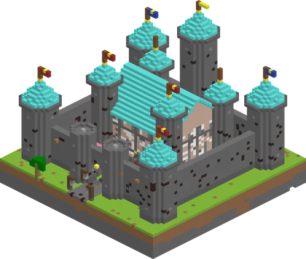 Render královského hradu s tyrkysovými střechami a prapory.