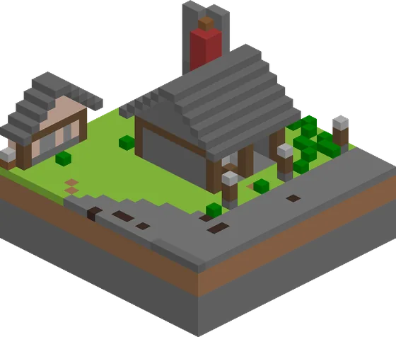 Render kovárny v Hlavním městě: kamenná stavba s komínem.