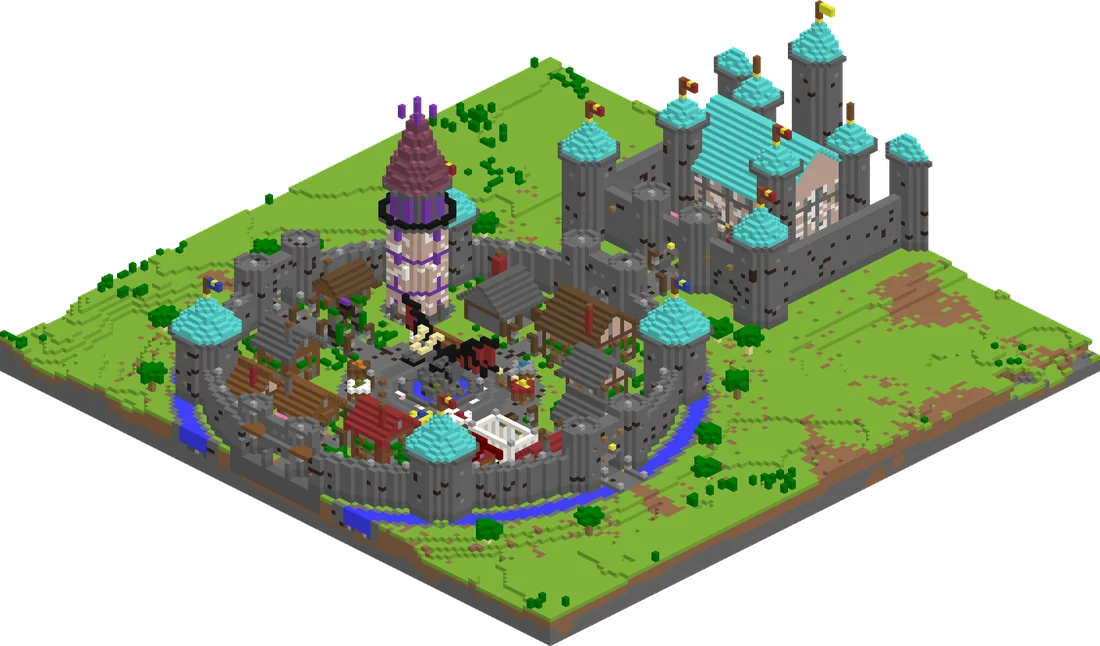 Izometrický render Hlavního města: kruhové hradby s věžemi a příkopem, náměstí s dračí sochou, mágova věž a královský hrad.