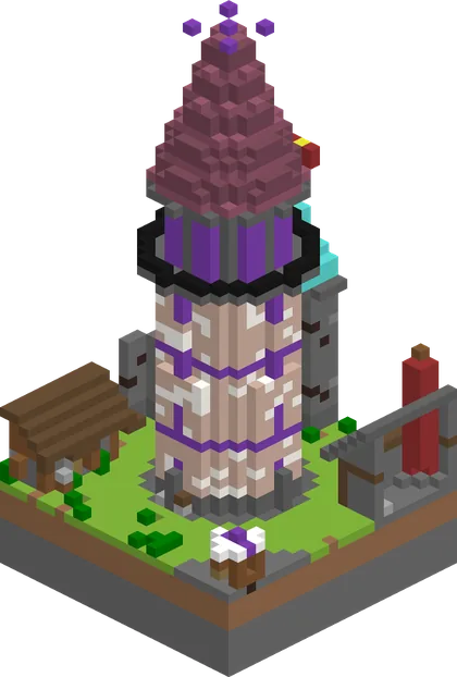 Render mágovy věže s fialovou střechou.
